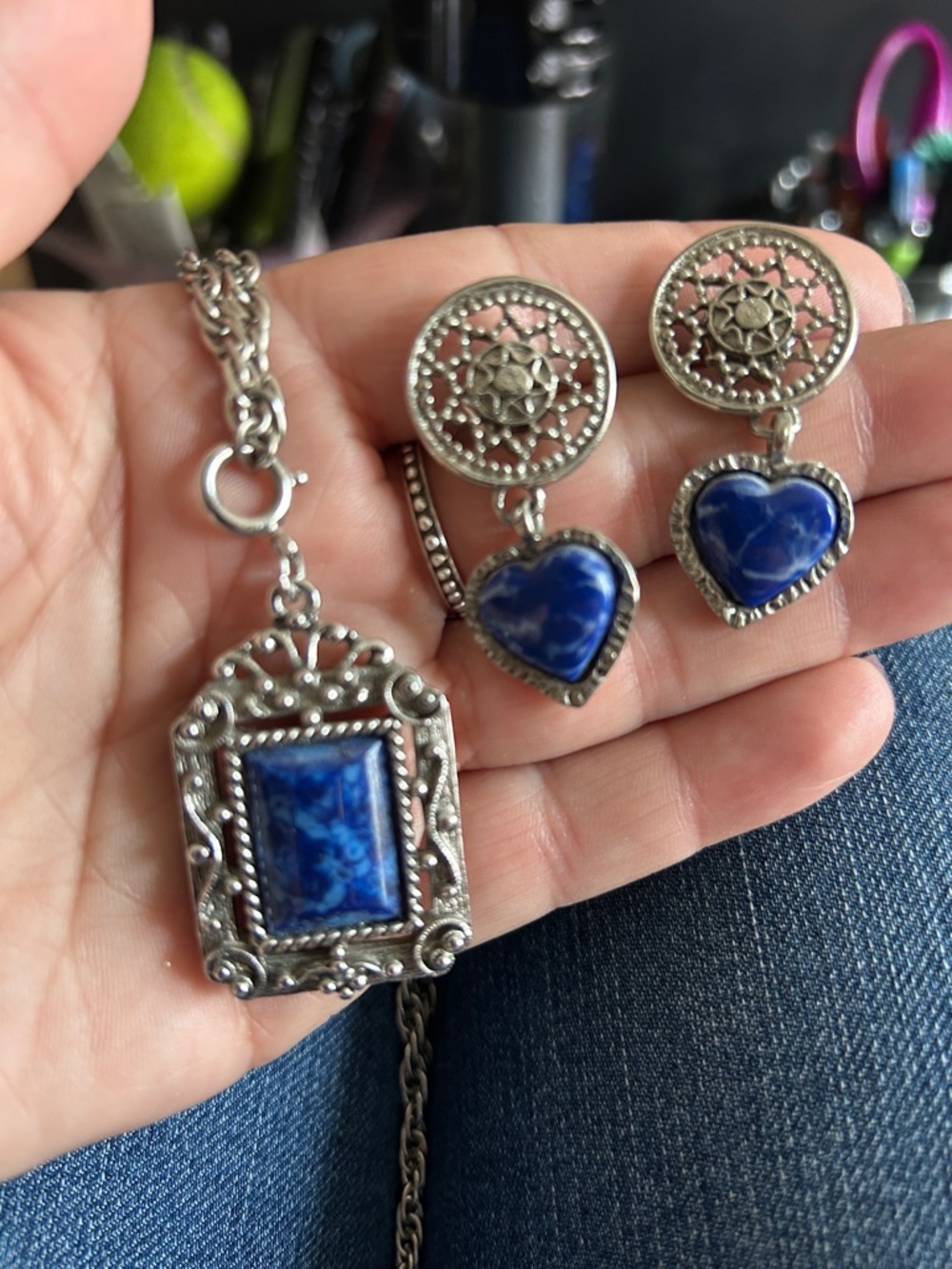 Sarah Coventry Blue Stone Pendant Necklace and Heart Earrings Set